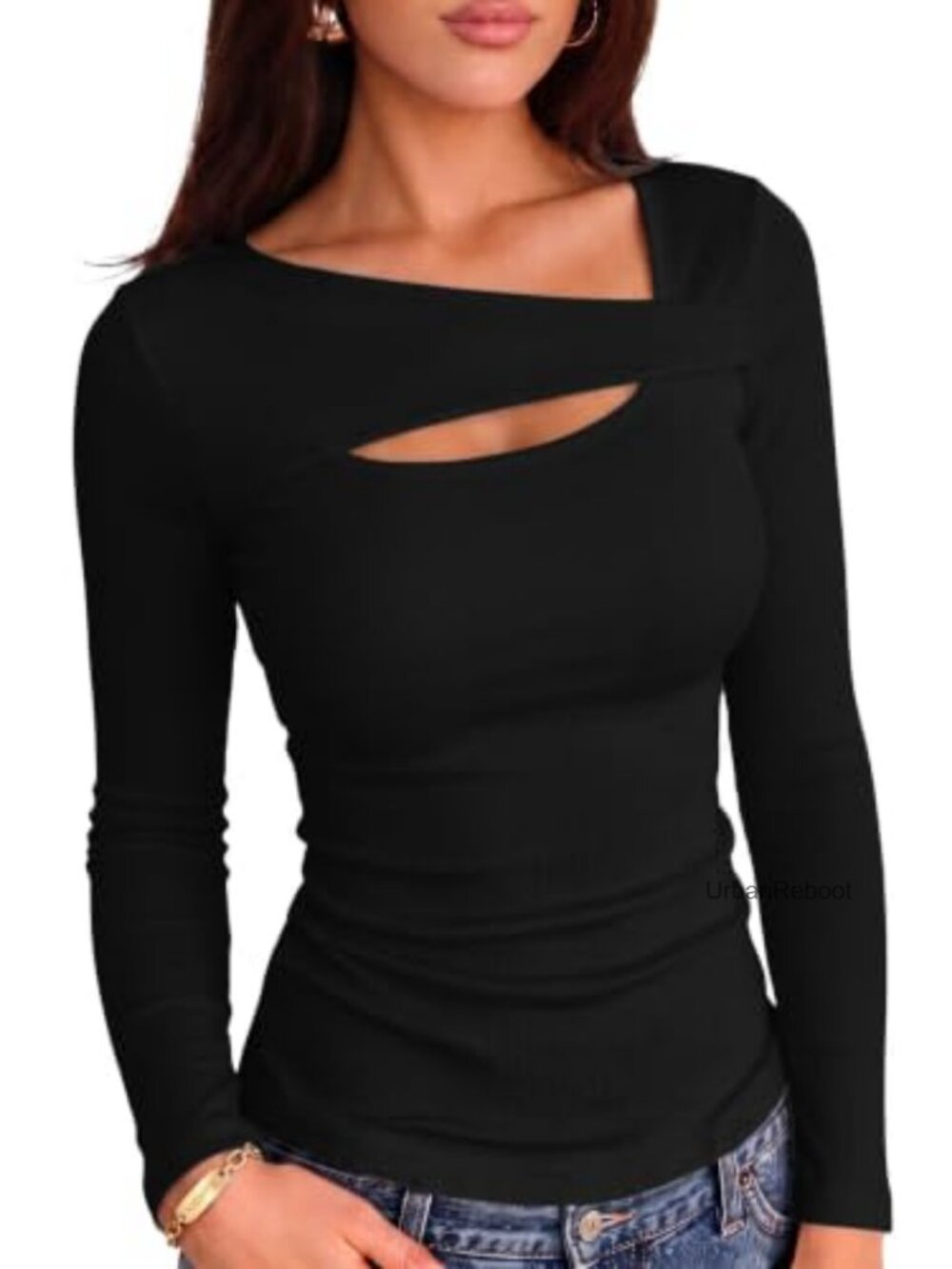 Ribbed Long Sleeve Cutout Square Neck Slim Fit Top